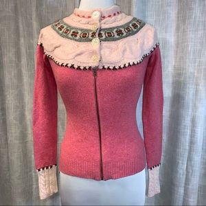 Oilily Merino Wool Embelished Cable Knit zip/ Mother of Pearl button cardigan XS